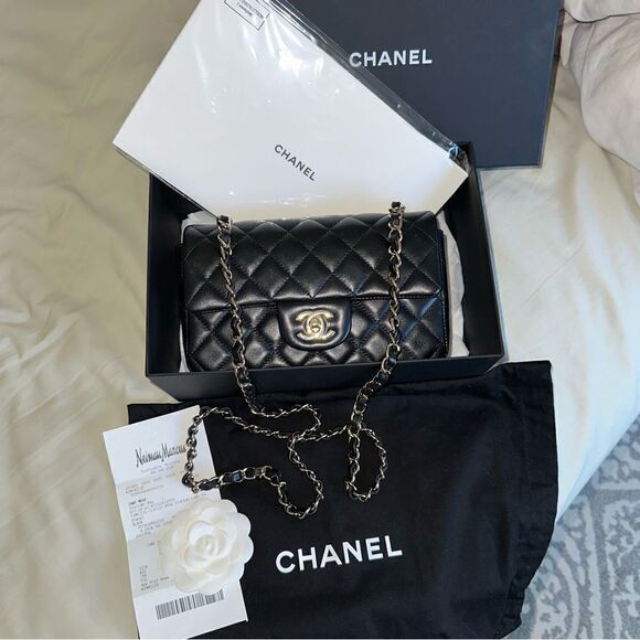 Chanel Black Lambskin Leather Mini Classic Rectangular Flap Light Gold Hardware - Picture 3 of 16